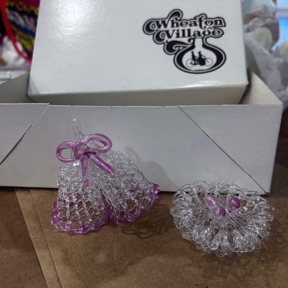 Wheaton Village Hand Blown Spun Glass Ornaments Bells Snowflake Pink Clear